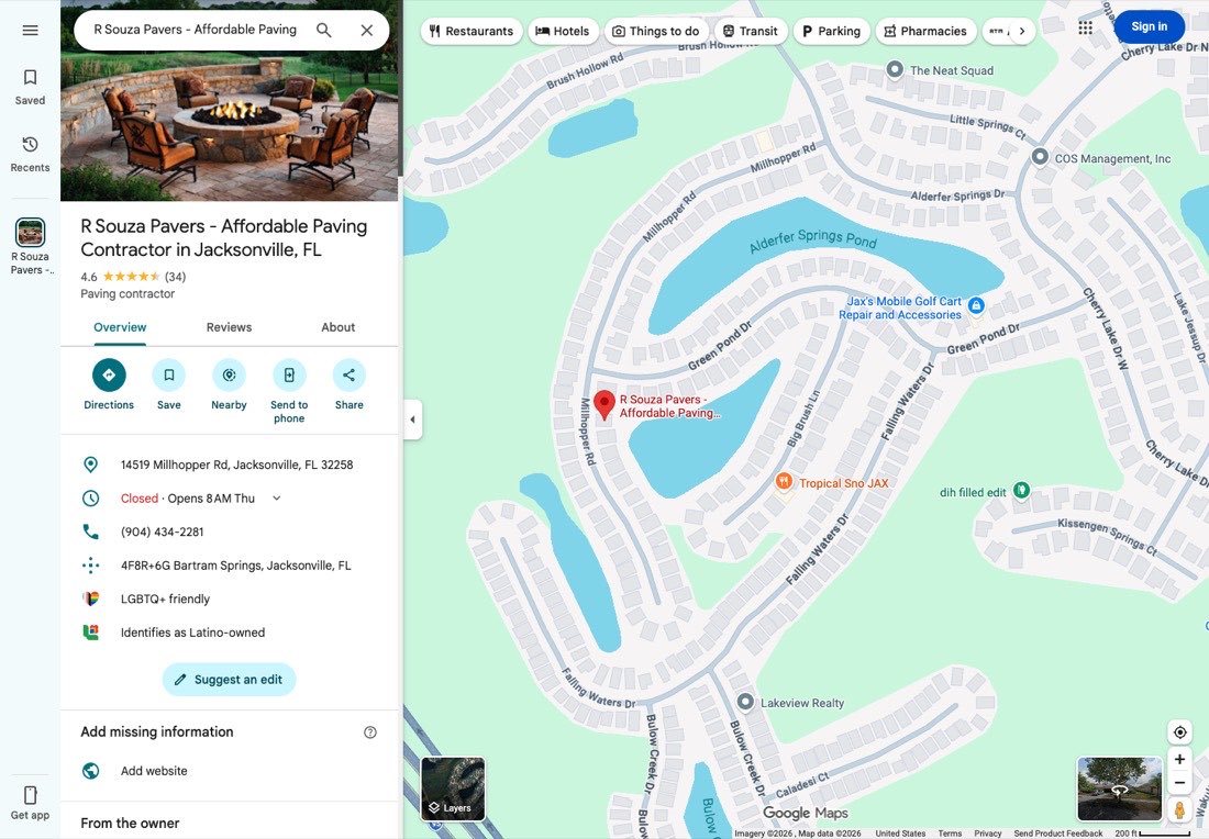 Perfil do Google de R Souza Pavers sem site cadastrado
