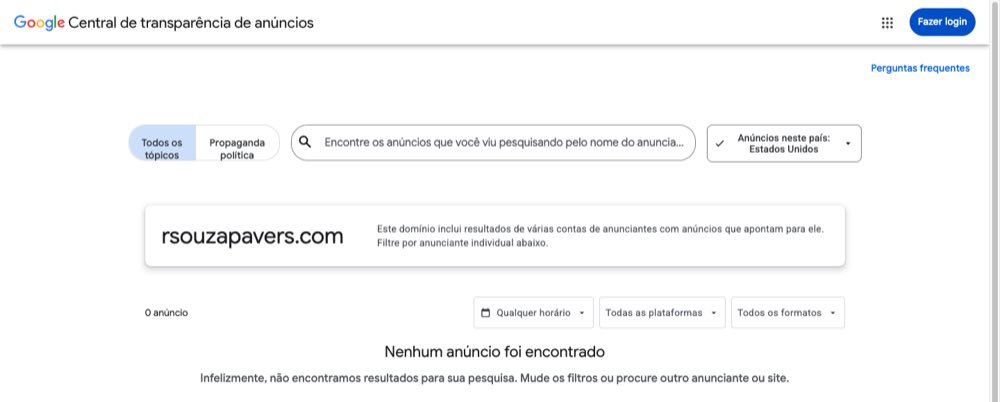 Central de Transparencia do Google mostrando zero anuncios para rsouzapavers.com
