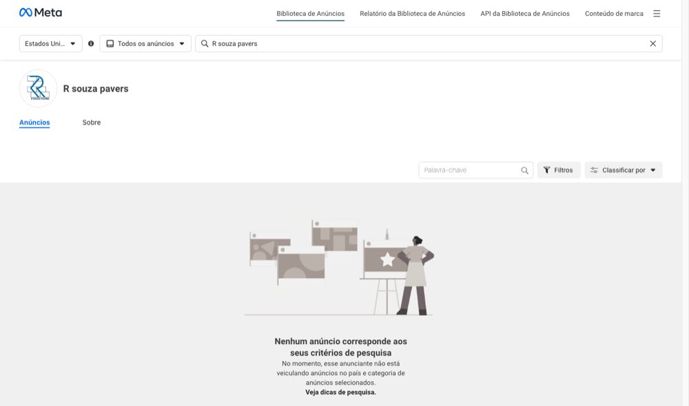 Biblioteca de Anuncios da Meta mostrando zero anuncios para a pagina R Souza Pavers